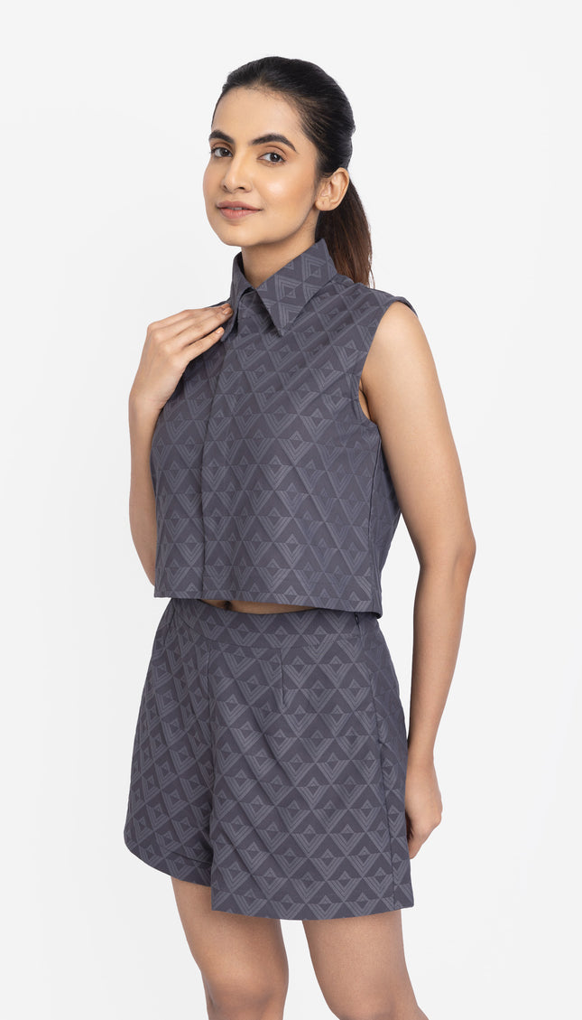 Slate Blue Geo-Textured Crop Shirt & Shorts Co-ord Set