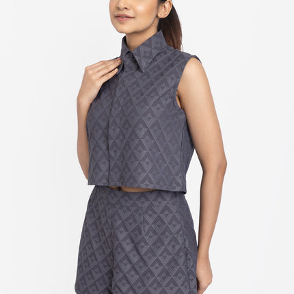 Slate Blue Geo-Textured Crop Shirt & Shorts Co-ord Set