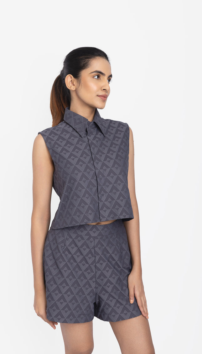 Slate Blue Geo-Textured Crop Shirt & Shorts Co-ord Set
