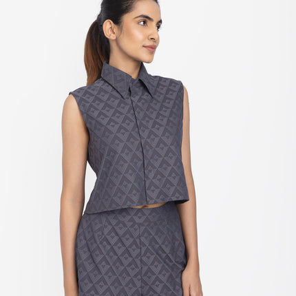 Slate Blue Geo-Textured Crop Shirt & Shorts Co-ord Set