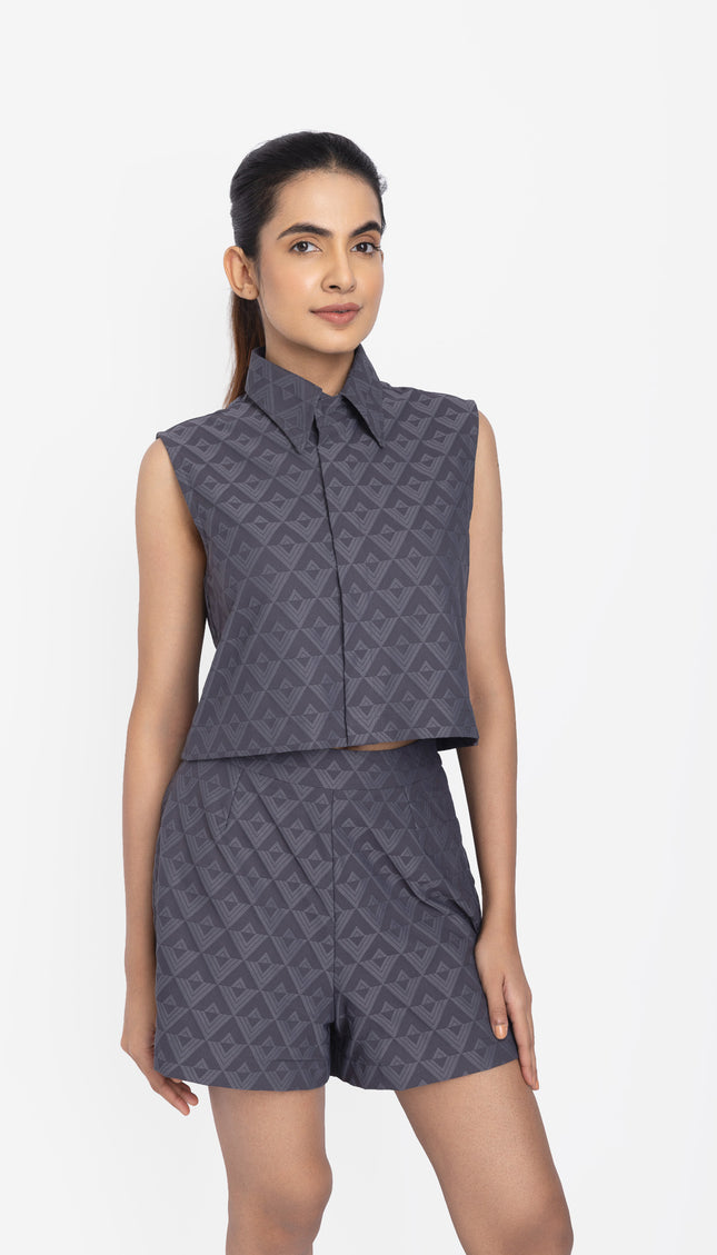 Slate Blue Geo-Textured Crop Shirt & Shorts Co-ord Set