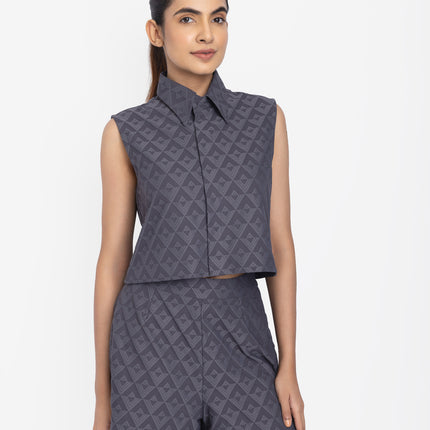 Slate Blue Geo-Textured Crop Shirt & Shorts Co-ord Set