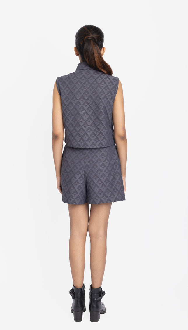 Slate Blue Geo-Textured Crop Shirt & Shorts Co-ord Set