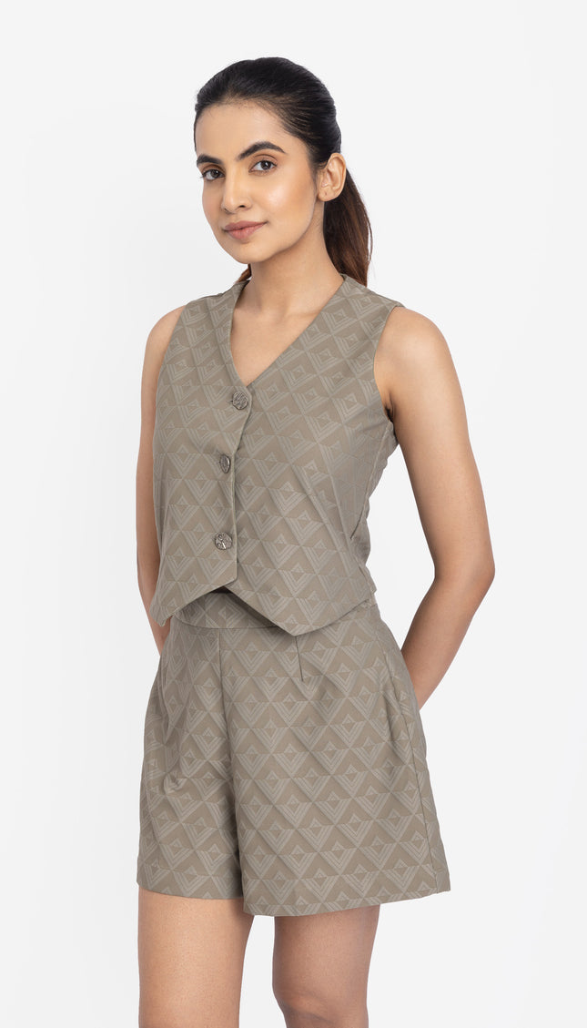 Muted Olive Textured Waistcoat & Shorts Co-ord Set