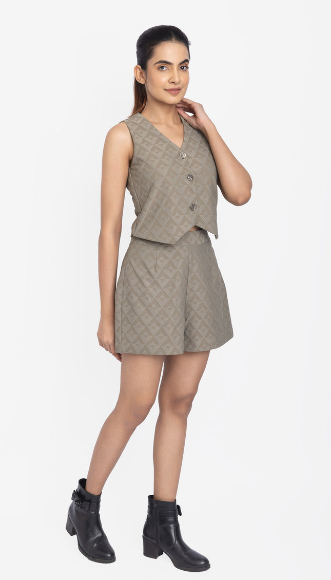 Muted Olive Textured Waistcoat & Shorts Co-ord Set