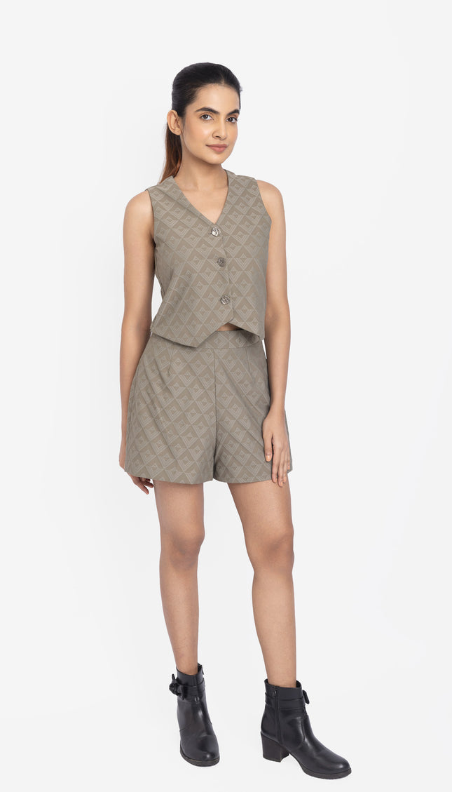 Muted Olive Textured Waistcoat & Shorts Co-ord Set