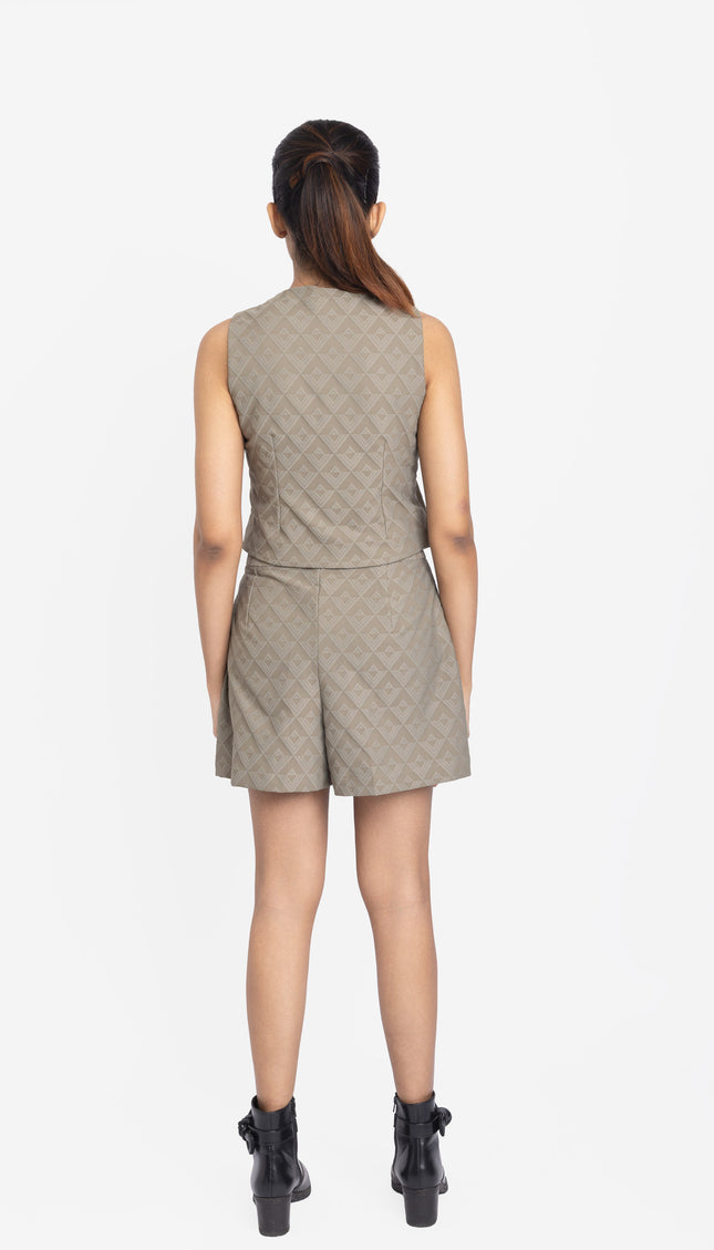Muted Olive Textured Waistcoat & Shorts Co-ord Set