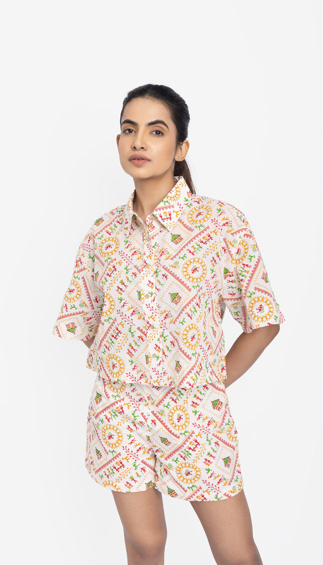 Ivory Folk Motif Crop Shirt & Shorts Co-ord Set