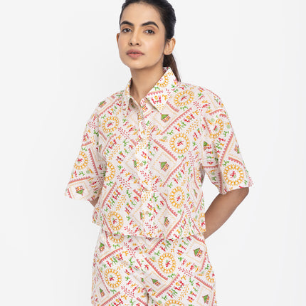 Ivory Folk Motif Crop Shirt & Shorts Co-ord Set