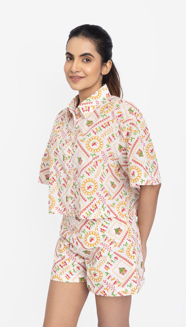 Ivory Folk Motif Crop Shirt & Shorts Co-ord Set