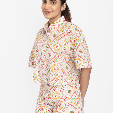 Ivory Folk Motif Crop Shirt & Shorts Co-ord Set