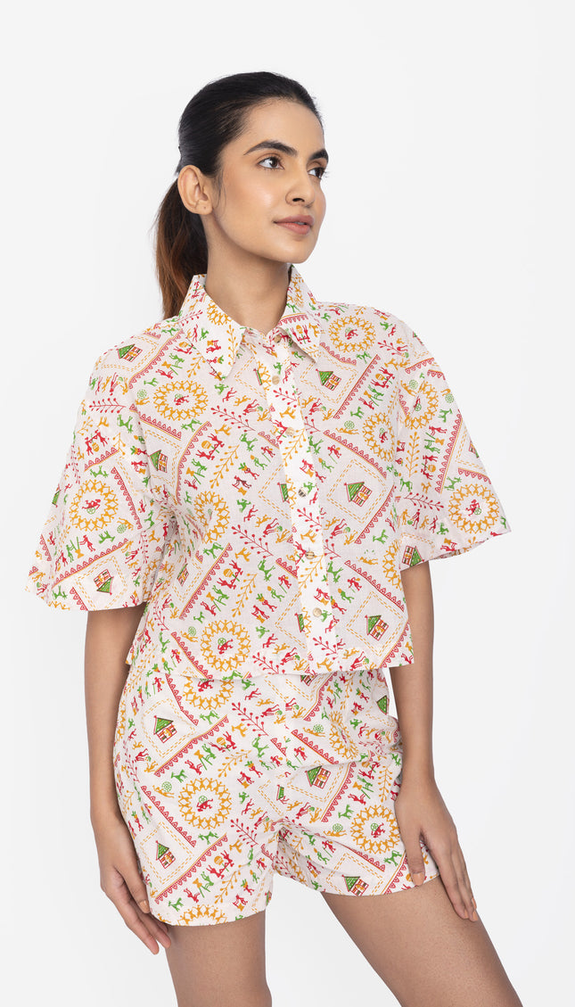 Ivory Folk Motif Crop Shirt & Shorts Co-ord Set