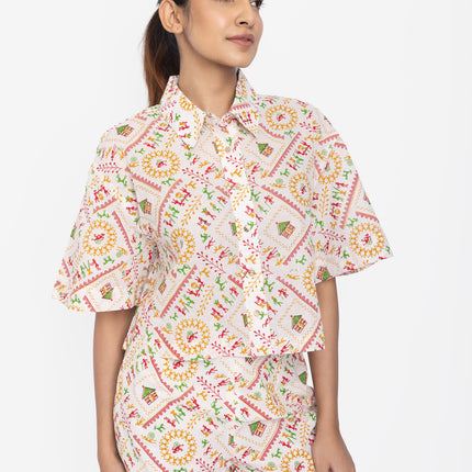 Ivory Folk Motif Crop Shirt & Shorts Co-ord Set