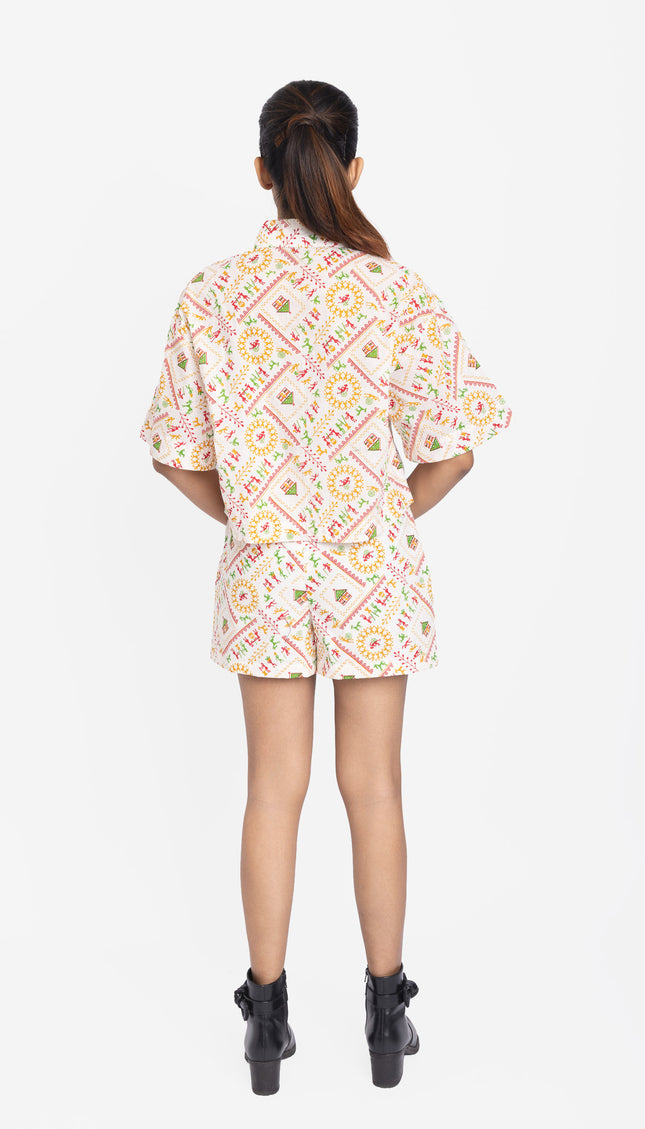 Ivory Folk Motif Crop Shirt & Shorts Co-ord Set