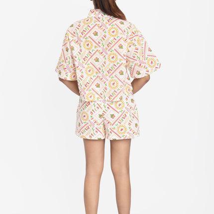 Ivory Folk Motif Crop Shirt & Shorts Co-ord Set