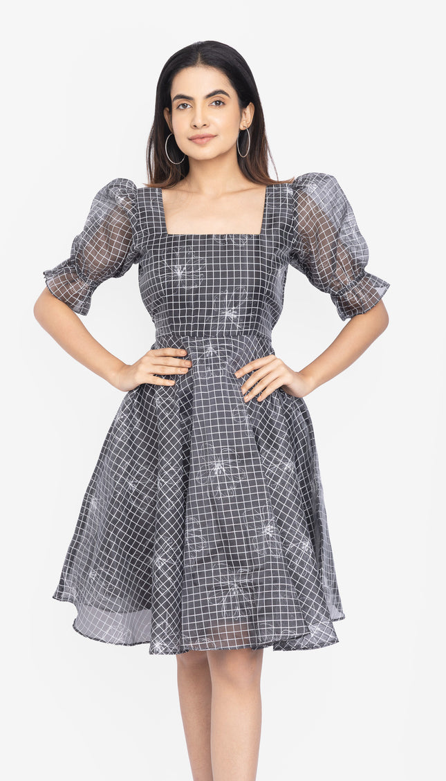 Charcoal Grid Puff-Sleeve Fit & Flare Dress