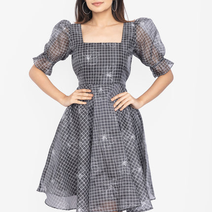 Charcoal Grid Puff-Sleeve Fit & Flare Dress