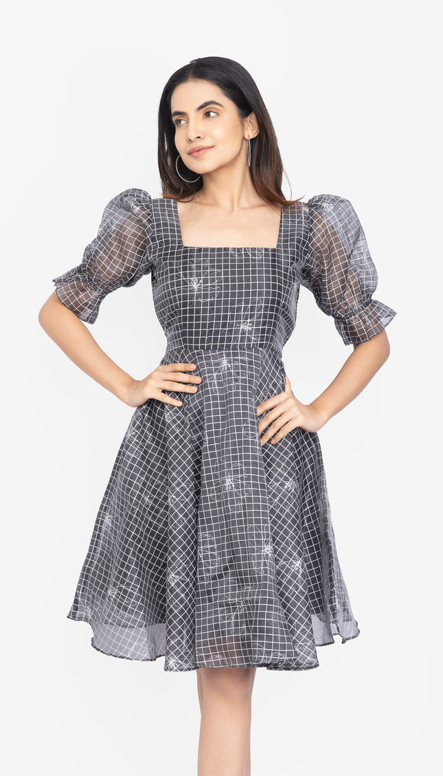 Charcoal Grid Puff-Sleeve Fit & Flare Dress