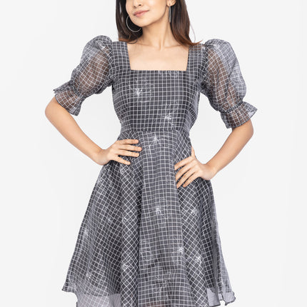 Charcoal Grid Puff-Sleeve Fit & Flare Dress