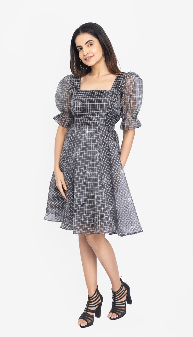 Charcoal Grid Puff-Sleeve Fit & Flare Dress