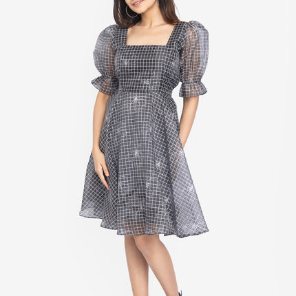 Charcoal Grid Puff-Sleeve Fit & Flare Dress