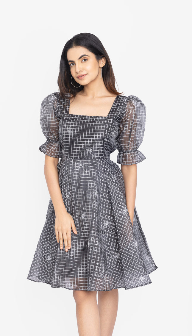 Charcoal Grid Puff-Sleeve Fit & Flare Dress