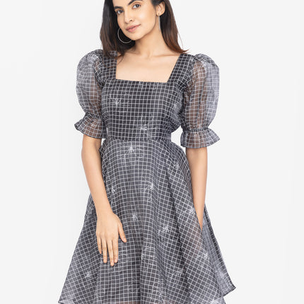 Charcoal Grid Puff-Sleeve Fit & Flare Dress