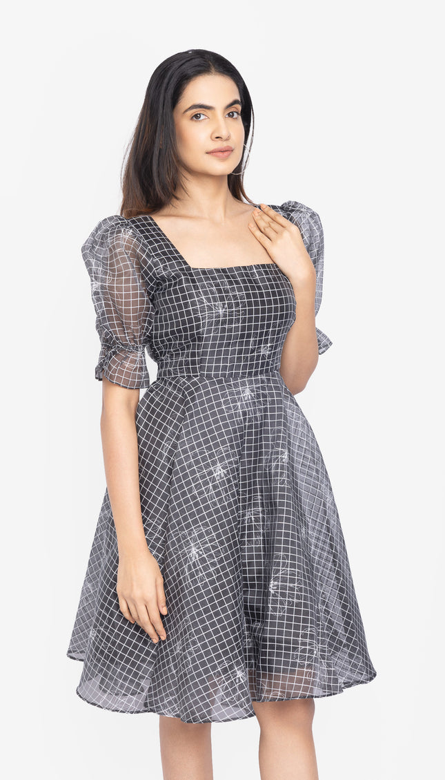 Charcoal Grid Puff-Sleeve Fit & Flare Dress