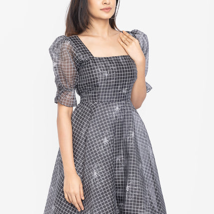 Charcoal Grid Puff-Sleeve Fit & Flare Dress