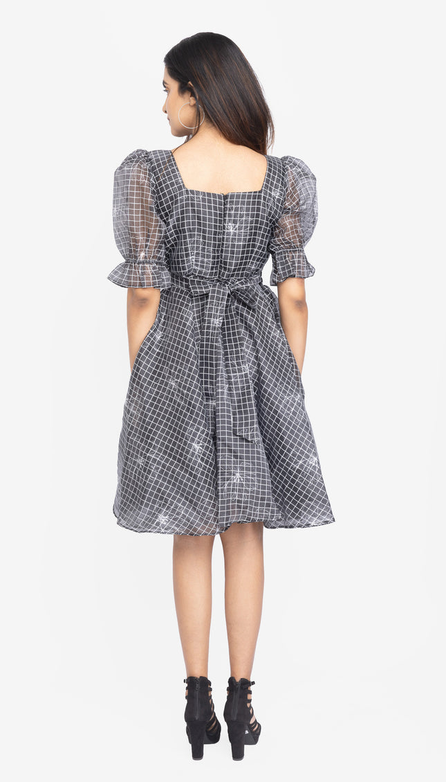 Charcoal Grid Puff-Sleeve Fit & Flare Dress