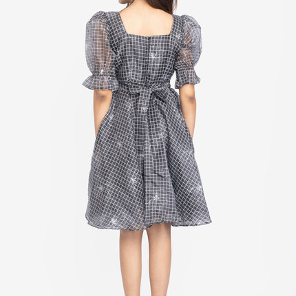 Charcoal Grid Puff-Sleeve Fit & Flare Dress