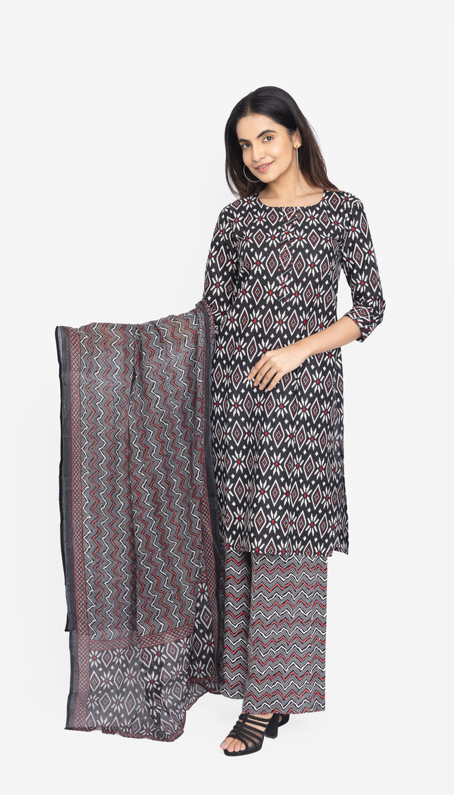 Midnight Ikat Print Kurta Set with Dupatta