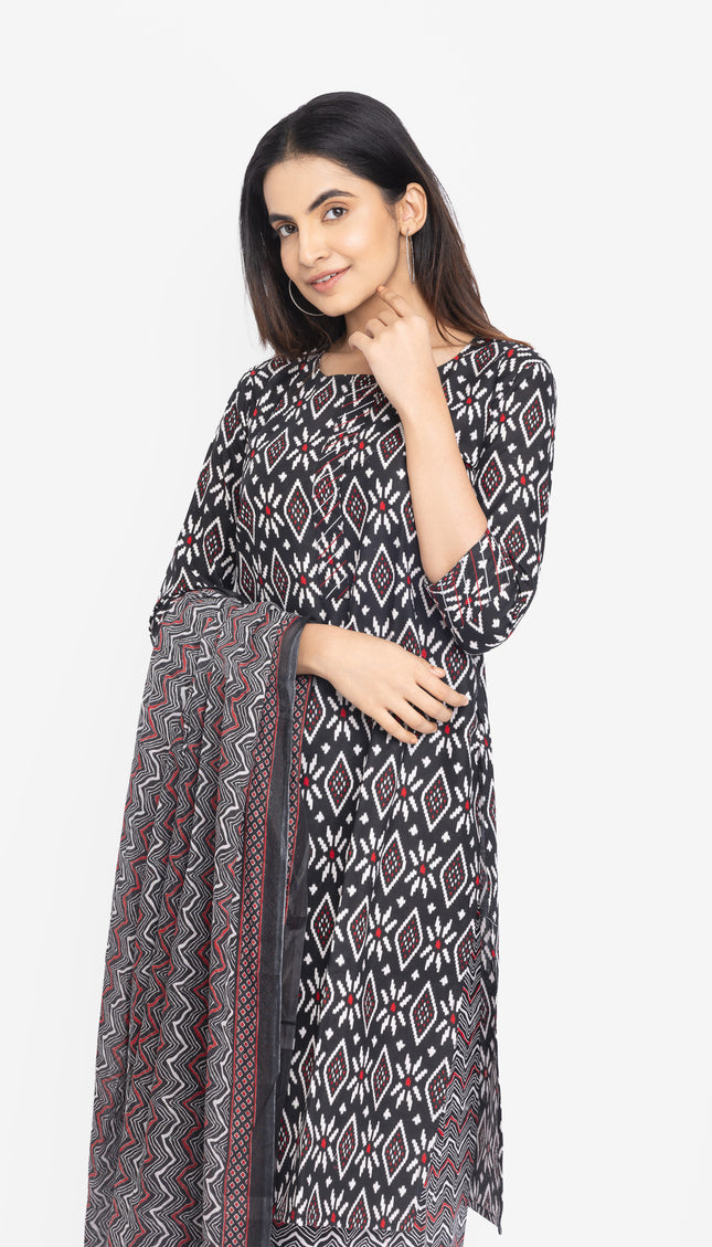 Midnight Ikat Print Kurta Set with Dupatta