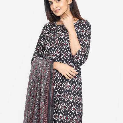 Midnight Ikat Print Kurta Set with Dupatta