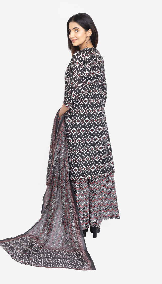 Midnight Ikat Print Kurta Set with Dupatta