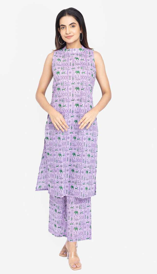Lavender/Blush Folk-Print Straight Kurta Set