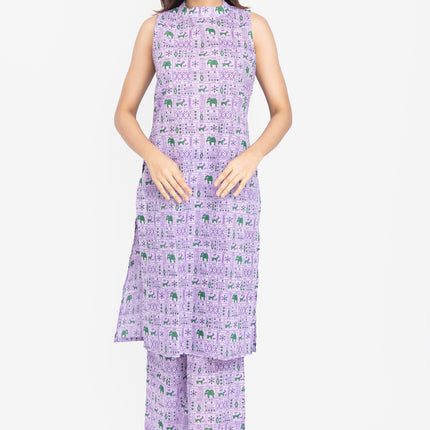 Lavender/Blush Folk-Print Straight Kurta Set