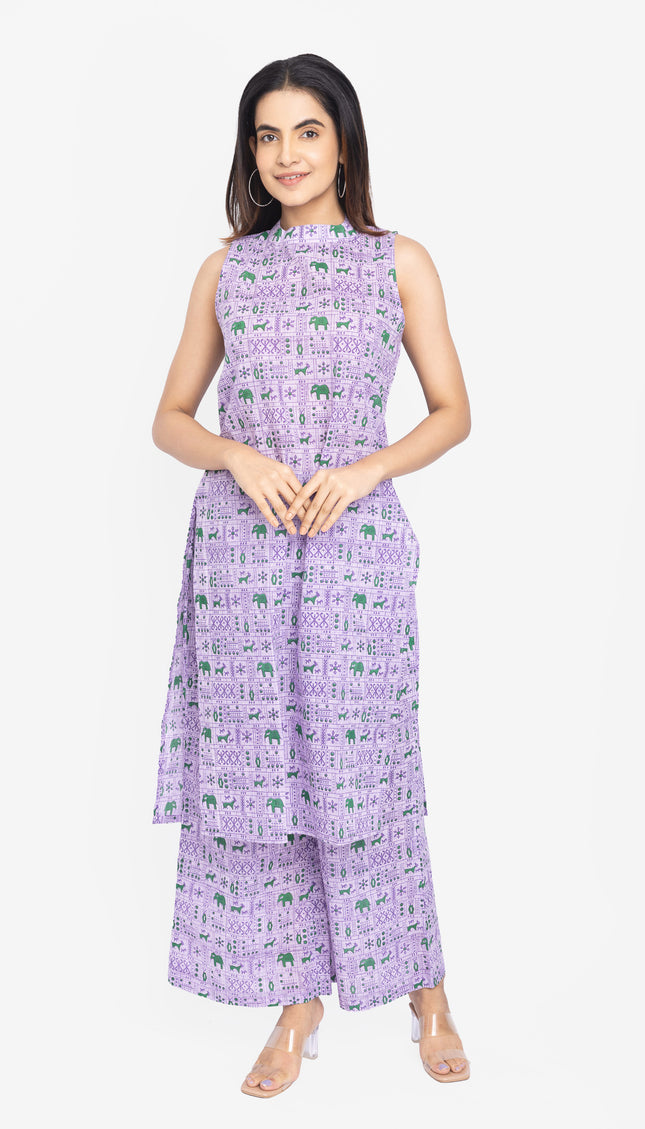 Lavender/Blush Folk-Print Straight Kurta Set