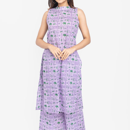 Lavender/Blush Folk-Print Straight Kurta Set