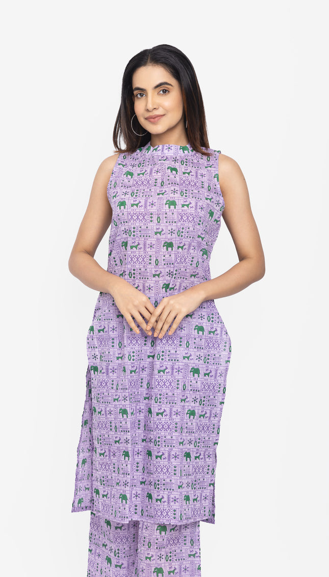 Lavender/Blush Folk-Print Straight Kurta Set