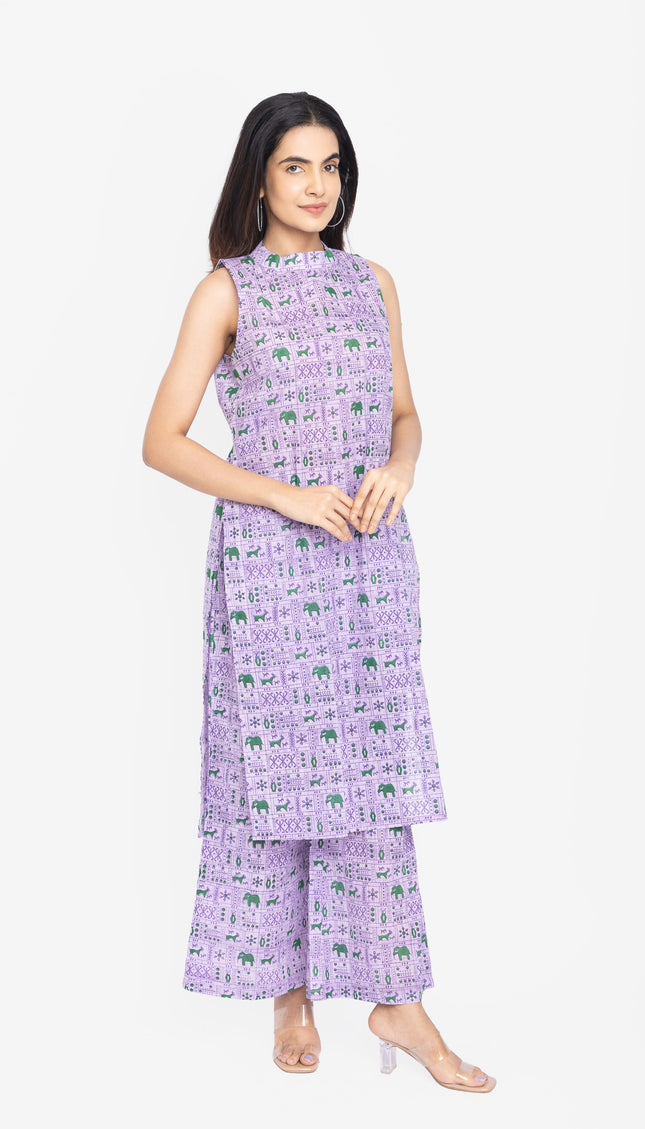 Lavender/Blush Folk-Print Straight Kurta Set