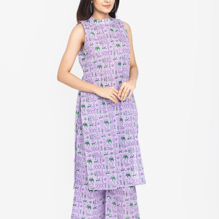 Lavender/Blush Folk-Print Straight Kurta Set