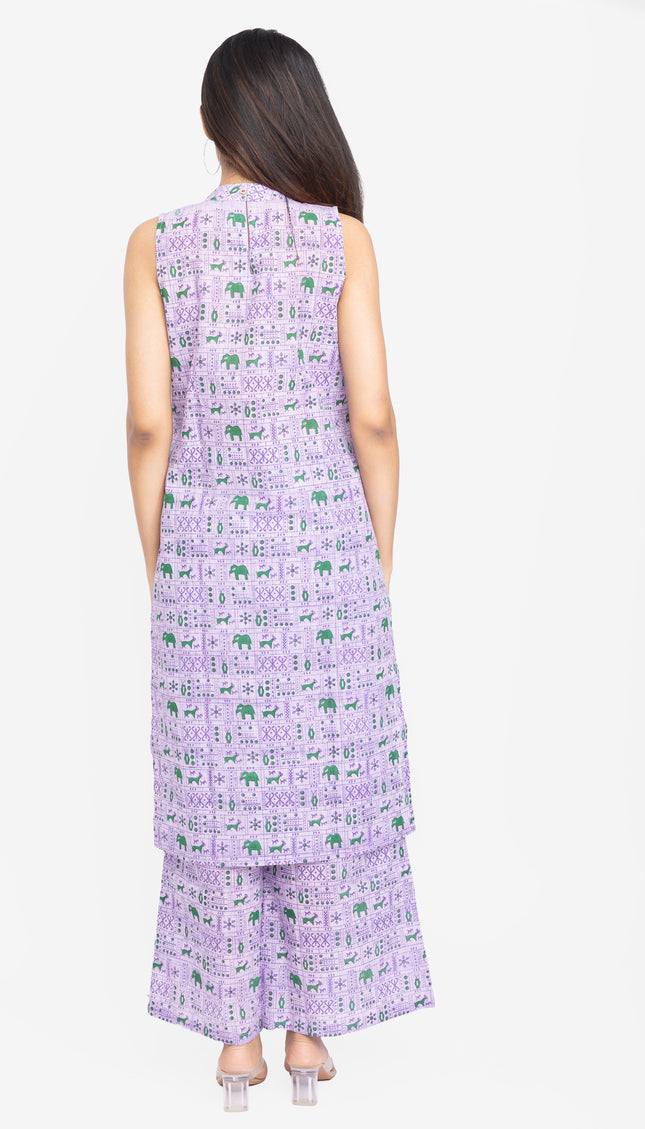 Lavender/Blush Folk-Print Straight Kurta Set