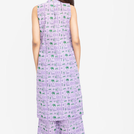 Lavender/Blush Folk-Print Straight Kurta Set