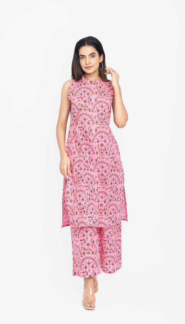 Lavender/Blush Folk-Print Straight Kurta Set