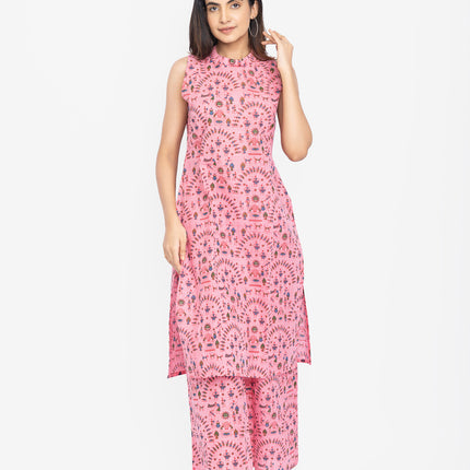 Lavender/Blush Folk-Print Straight Kurta Set