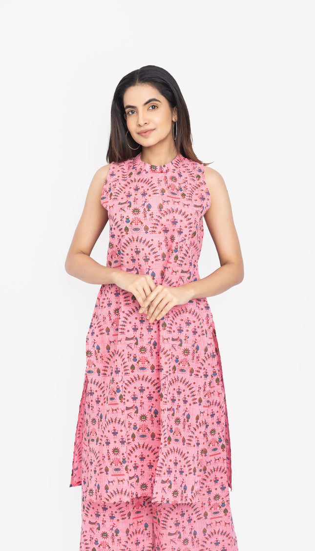 Lavender/Blush Folk-Print Straight Kurta Set