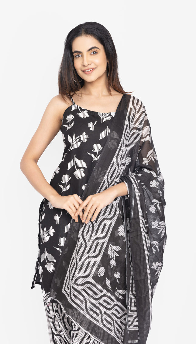 Monochrome Leaf-Print Kurta Set with Dupatta