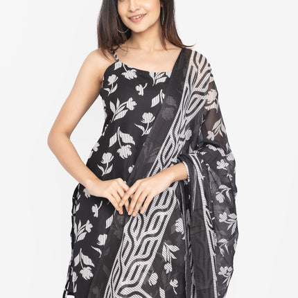 Monochrome Leaf-Print Kurta Set with Dupatta
