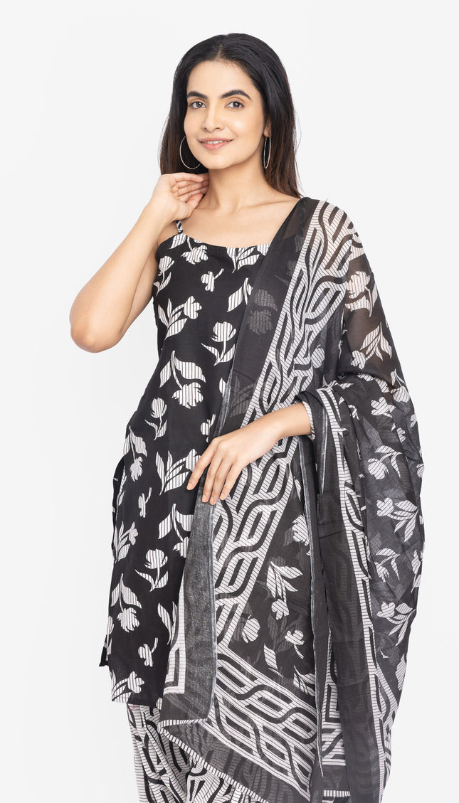 Monochrome Leaf-Print Kurta Set with Dupatta